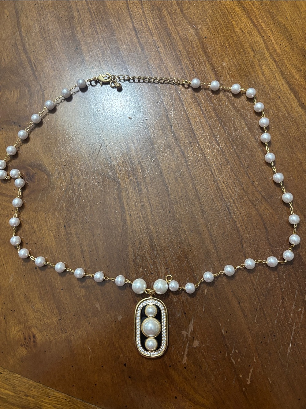 Gold-Tone Pearl Station Necklace with White Pearls and pendant